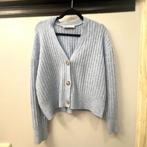 ZARA WOMEN’S CHUNKY-KNIT RIBBED CARDIGAN SWEATER, SIZE MEDIUML, LIGHT BLUE